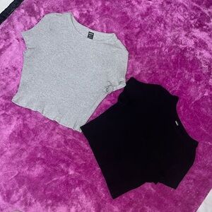SHEIN Black and Grey Short Sleeve Ribbed Crop Tops Basics